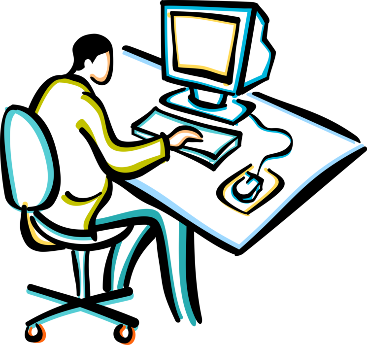 Vector Illustration of Businessman Working at Office Desktop Computer