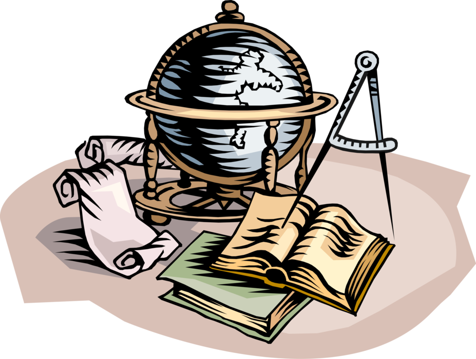 Vector Illustration of Geography Scale Model Terrestrial Geographical World Globe with Books, Maps and Compass