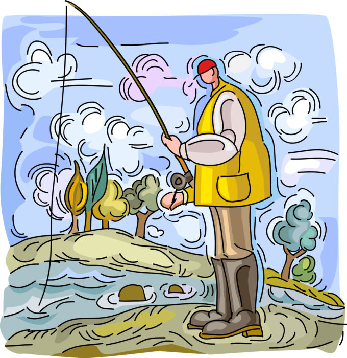 Vector Illustration of Sport Fisherman Angler with Fishing Rod in Outdoor Stream Hopes to Catch Fish