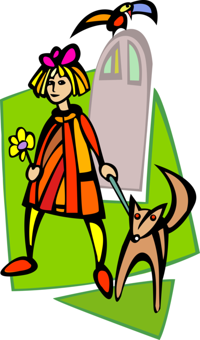 Vector Illustration of Girl with Flower Walking Dog