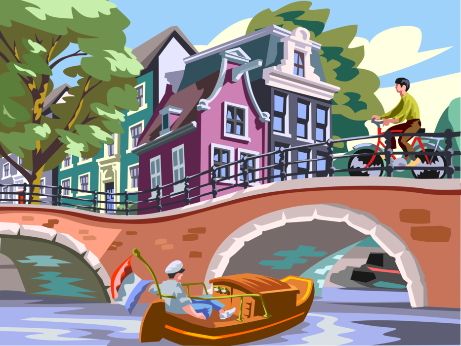 Vector Illustration of Pleasure Boat Watercraft in Canal Waterway in Amsterdam, Holland, The Netherlands