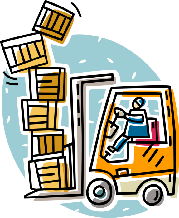 Vector Illustration of Industrial Forklift Truck Lifts Heavy Crates in Warehouse