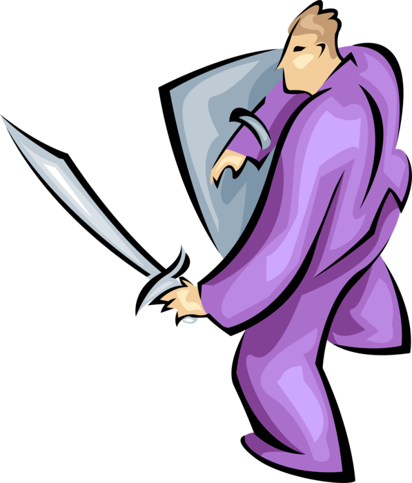 Vector Illustration of Prepared to do Battle with Sword and Shield