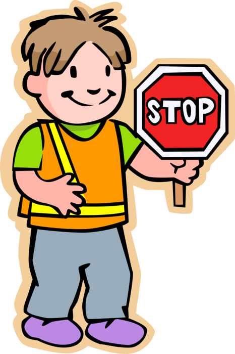 Vector Illustration of Primary or Elementary School Student Boy School Crossing Guard with Stop Sign