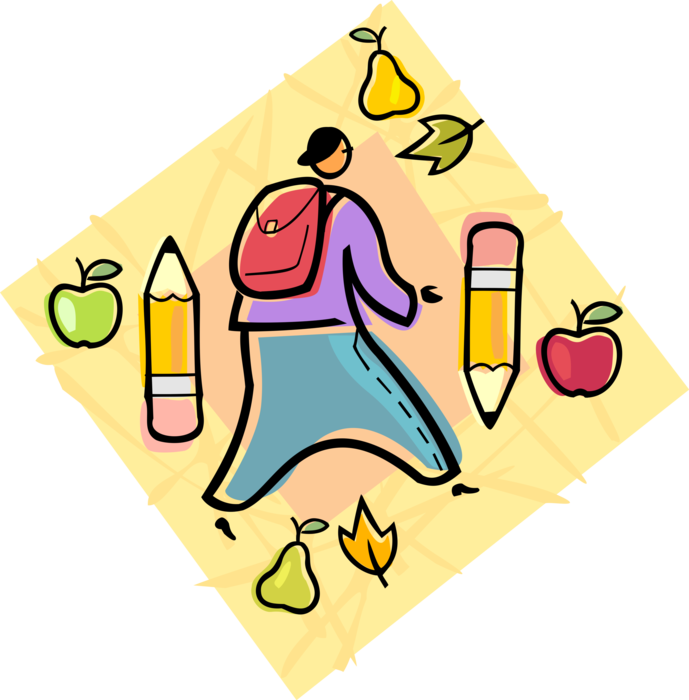 Vector Illustration of Student with Backpack Walks to School with Pencils, Apples and Pears