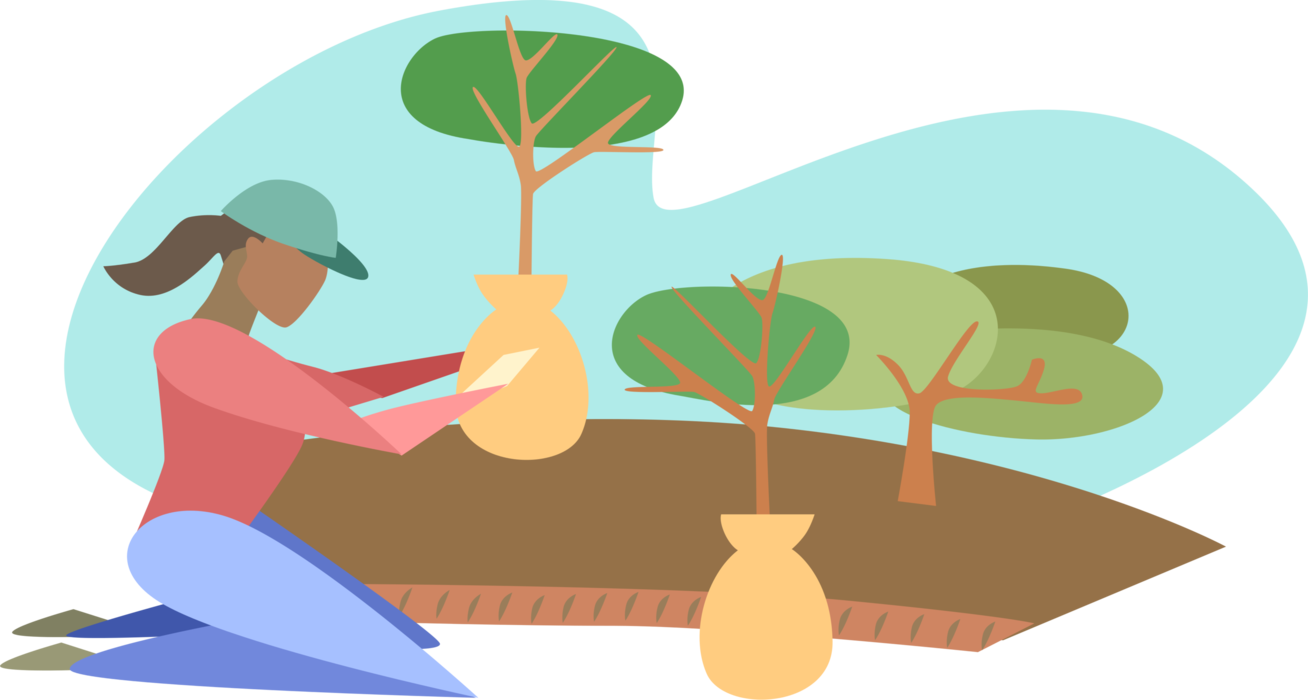 Vector Illustration of Landscape Gardener Plants Trees in Garden Soil