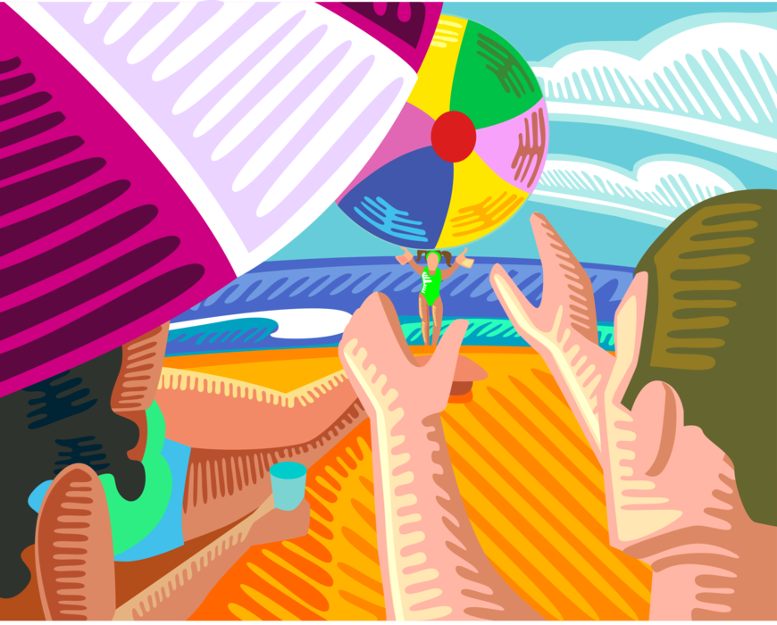 Vector Illustration of Summer Trip to Beach with Family Playing in Sand with Beach Ball