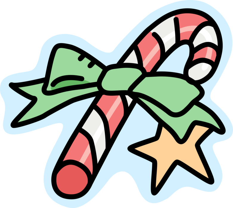 Vector Illustration of Traditional Christmas Candy Cane Peppermint Stick with Ribbon and Star