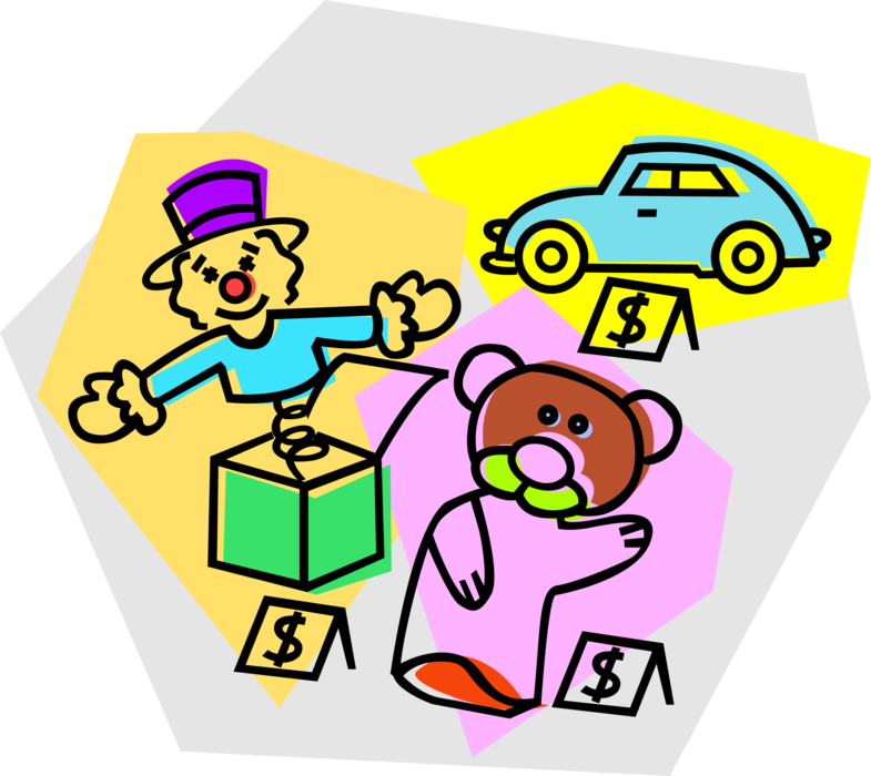 Vector Illustration of Children's Toys for Sale with Price Tags at Garage Sale