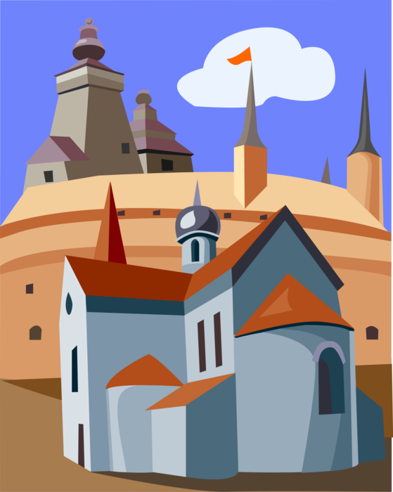 Vector Illustration of Historic Wooden Churches of Russia, Fortified Monastery on Solovetsky Islands