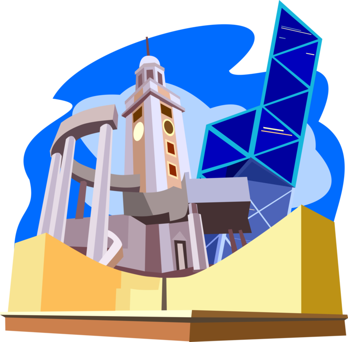 Vector Illustration of Kowloon Railway Clock Tower, Bank of China Tower, Space Museum, Hong Kong, China