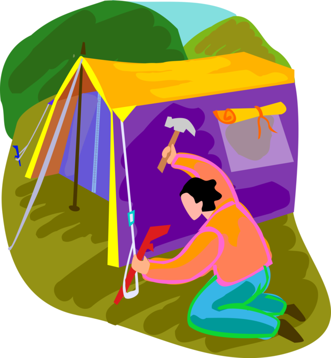 Vector Illustration of Outdoor Recreational Activity Camper Erects Camping Tent Shelter at Campsite