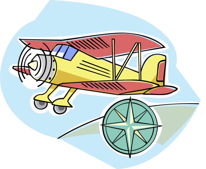 Vector Illustration of Biplane Fixed-Wing Aircraft Airplane with Navigation Symbol