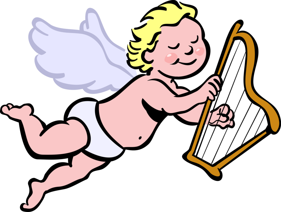 Vector Illustration of Cupid Archer God of Desire and Erotic Love Angel Plays Harp Stringed Musical Instrument