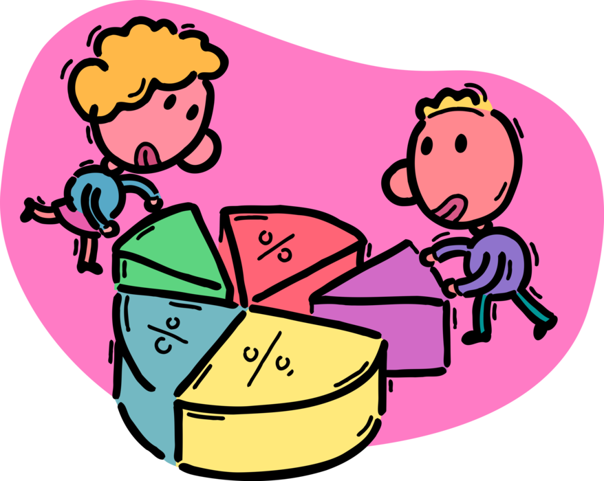Vector Illustration of Office Associates with Pie Chart Statistical Graphic Slices to Illustrate Numerical Proportion