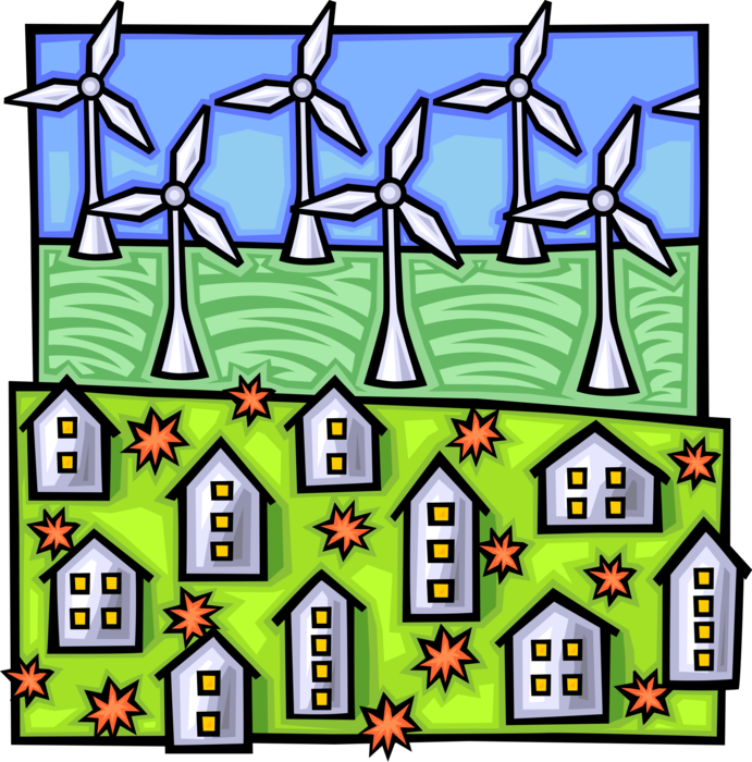 Vector Illustration of Electricity Generated by Wind Turbine Windmills Powers Energy Grid to Homes