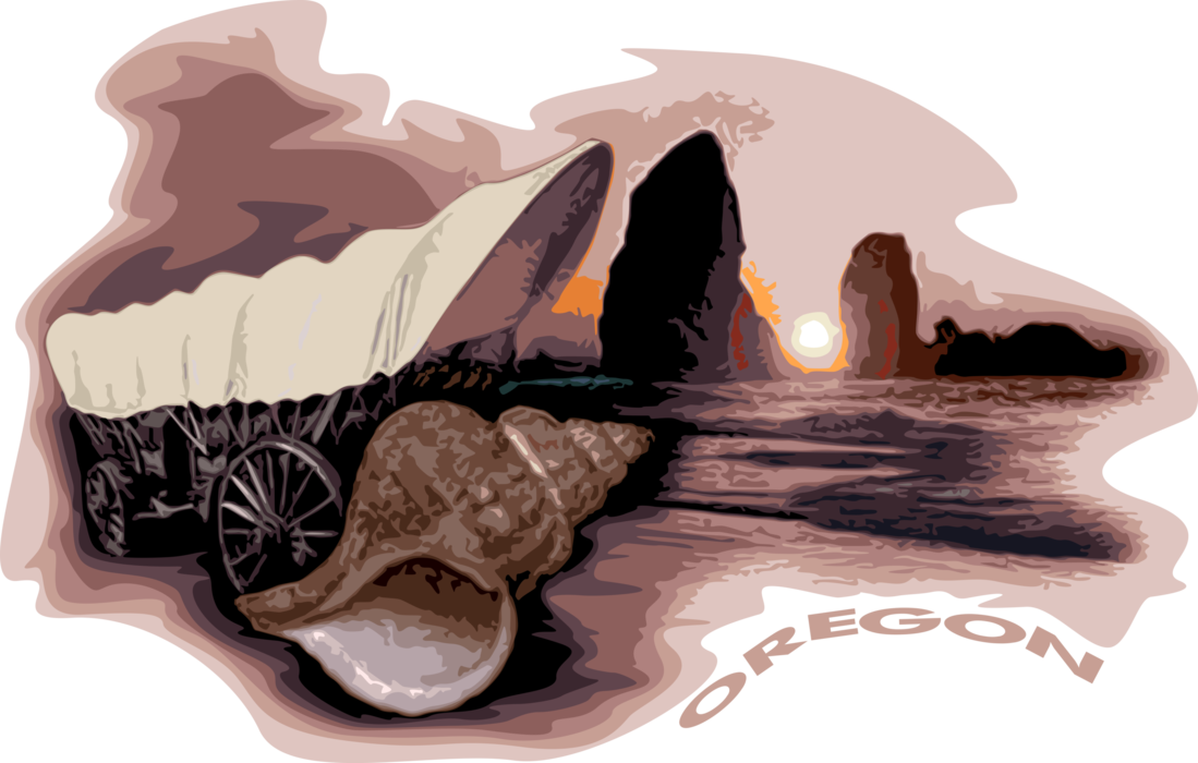 Vector Illustration of Oregon Pacific Ocean Seashore with Old West Covered Wagon and Seashell
