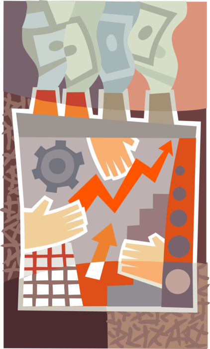 Vector Illustration of Industrial Manufacturing Factory Hands Working to Produce Financial Profit