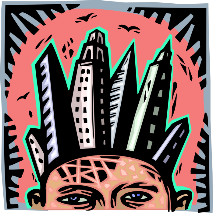 Vector Illustration of Urban Development Skyscrapers Rising Up From Man's Head