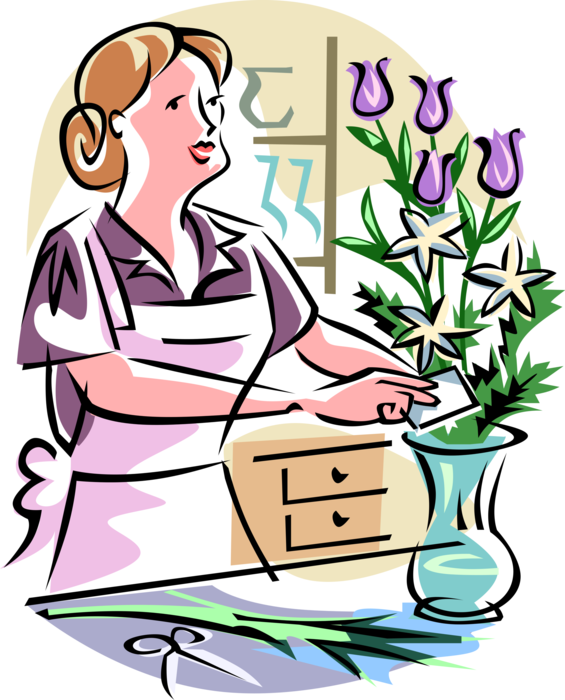 Vector Illustration of Retail Florist Prepares Floral Bouquet of Flowers in Vase