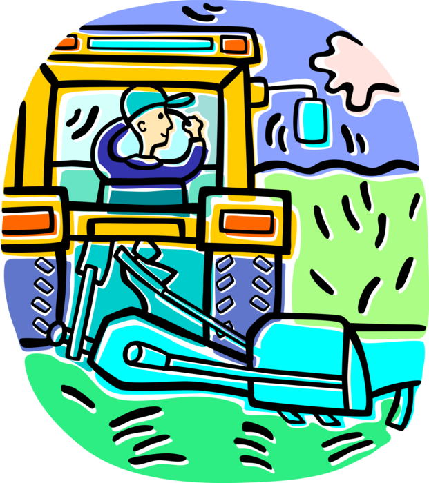 Vector Illustration of Farmer Drives Farm Equipment Tractor