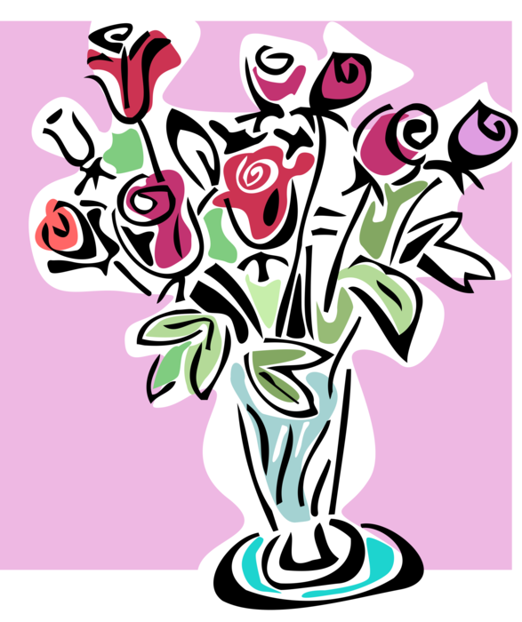 Vector Illustration of Vase of Cut Rose Flowers from Flower Garden