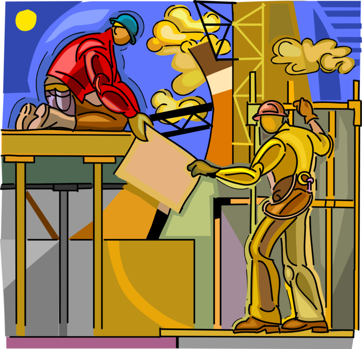 Vector Illustration of Construction Workers At Building Site Working