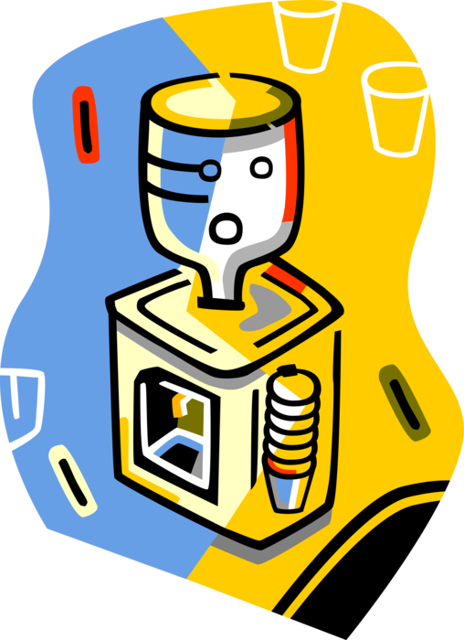 Vector Illustration of Office Water Cooler Dispenses Water with Cups and is Hub for Office Gossip and Conversation