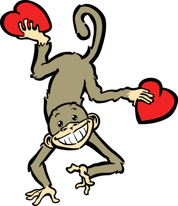 Vector Illustration of Chimpanzee Primate Monkey with Romantic Love Hearts