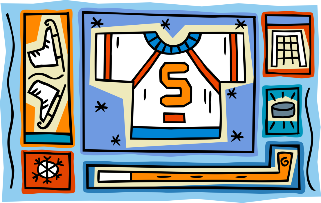 Vector Illustration of Sports Team Jersey with Figure Skates, Hockey Stick and Puck