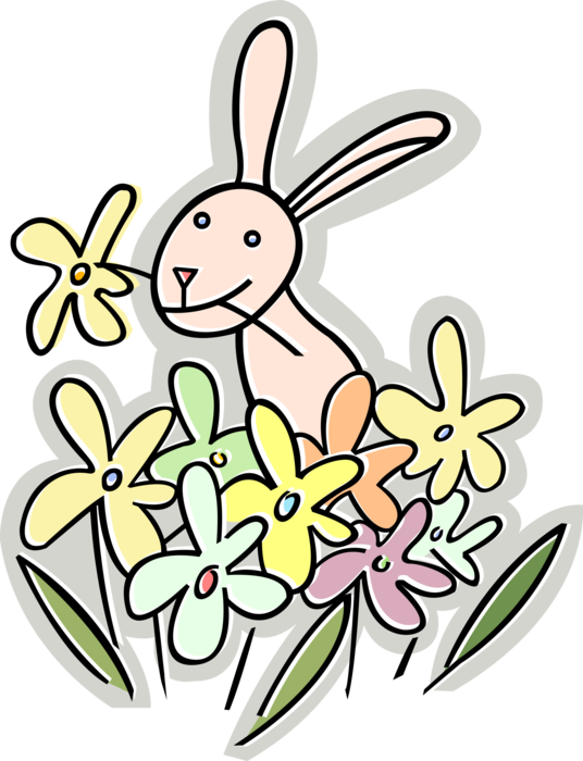 Vector Illustration of Small Mammal Rabbit Bunny Eats Garden Flowers