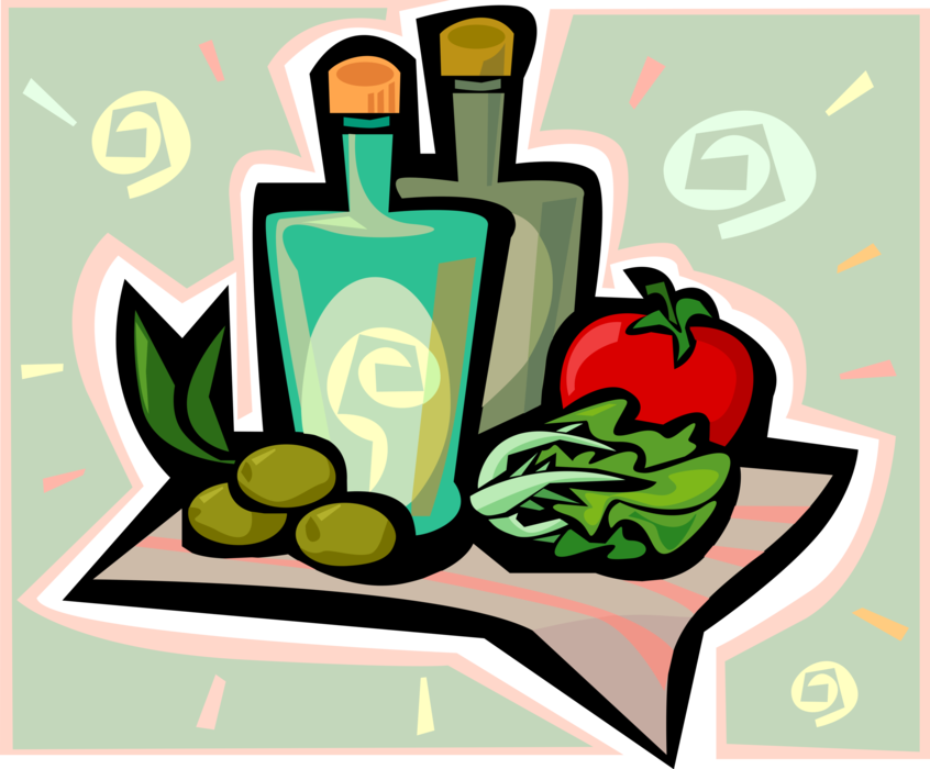 Vector Illustration of Salad Dressing Olive Oil and Vinegar with Olives, Lettuce and Tomato