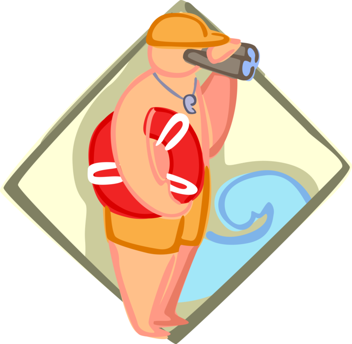 Vector Illustration of Lifeguard Keeping Watch on Beach Swimmers with Binoculars and Life Preserver