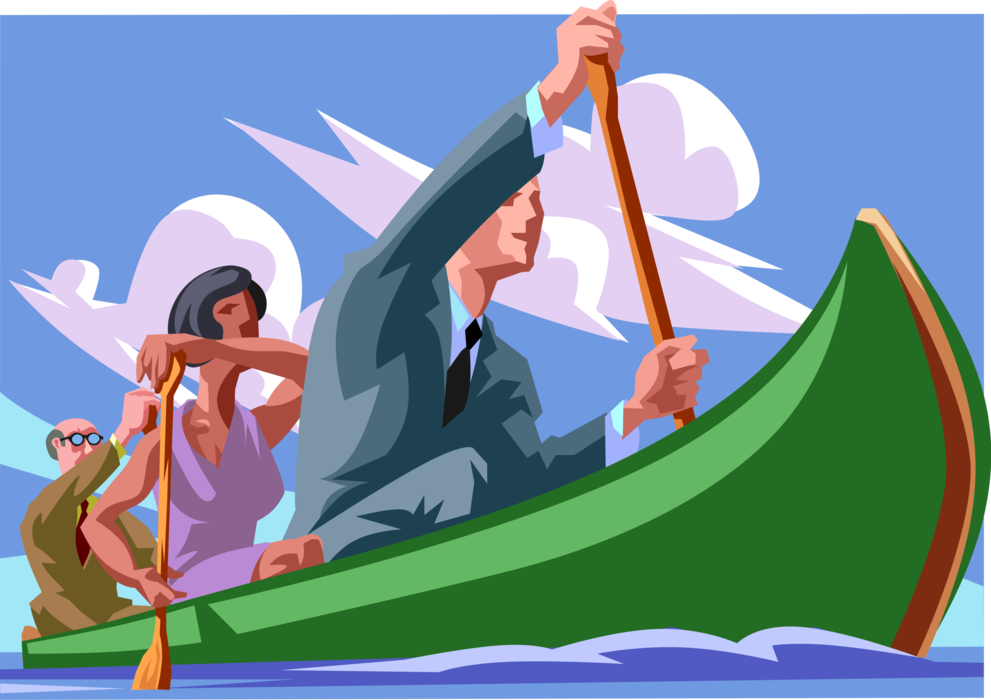Vector Illustration of Business Team Players Paddle Canoe in Unison to Accomplish Shared Goals