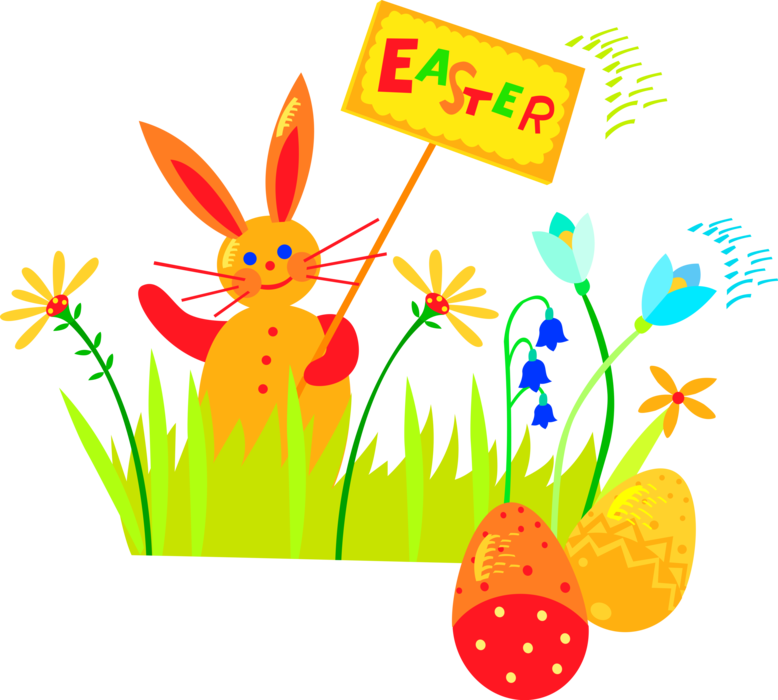 Vector Illustration of Pascha Easter Bunny Rabbit with Colored Eggs and Spring Flowers