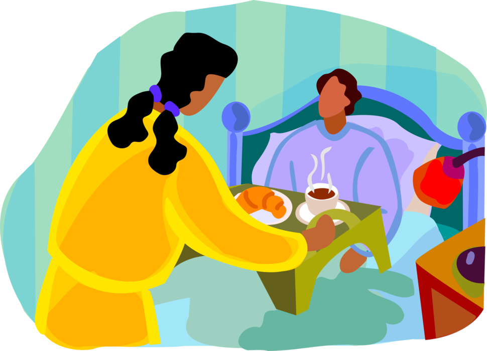 Vector Illustration of Father Served Breakfast in Bed with Coffee and Croissant