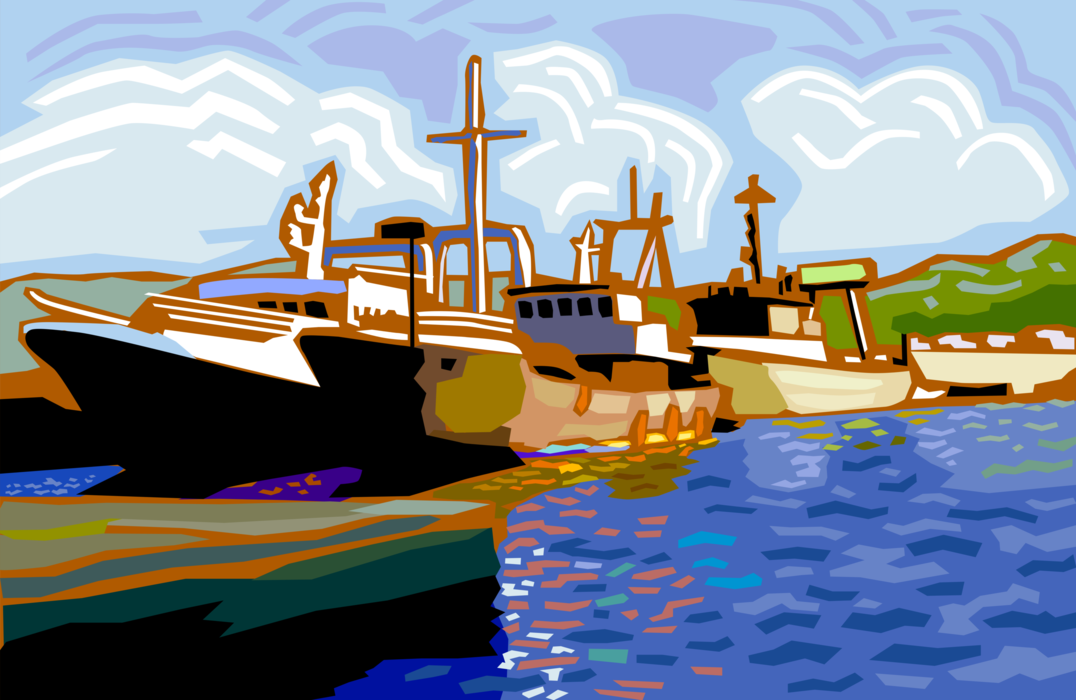Vector Illustration of Yachts and Fishing Boats Docked in Harbor