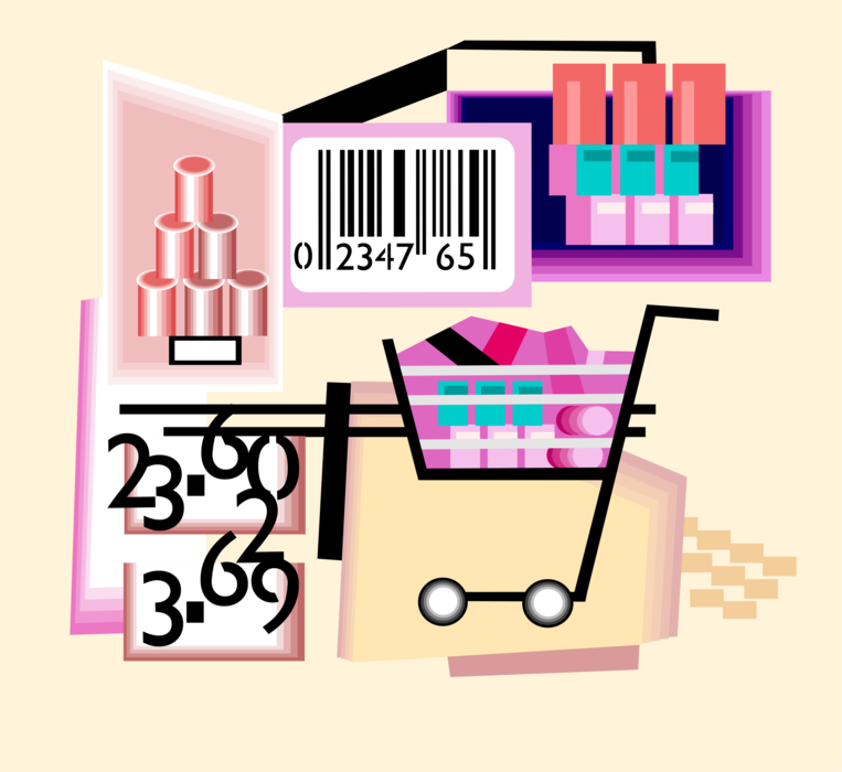 Vector Illustration of Supermarket Grocery Shopping with Cart and Universal Product Code UPC Barcode