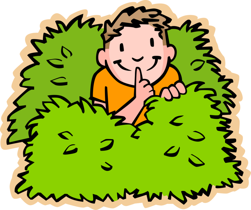 Vector Illustration of Primary or Elementary School Student Boy Hiding in Bushes