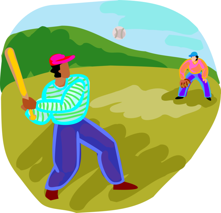 Vector Illustration of Children Play Baseball Outdoors