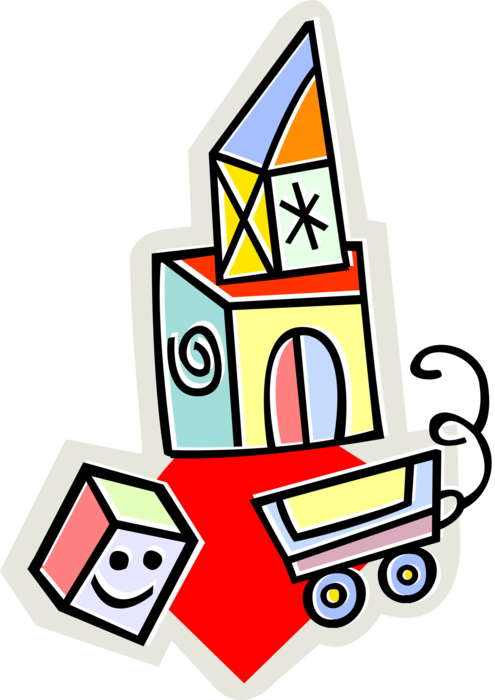 Vector Illustration of Child's Pull Toy and Building Block Toys