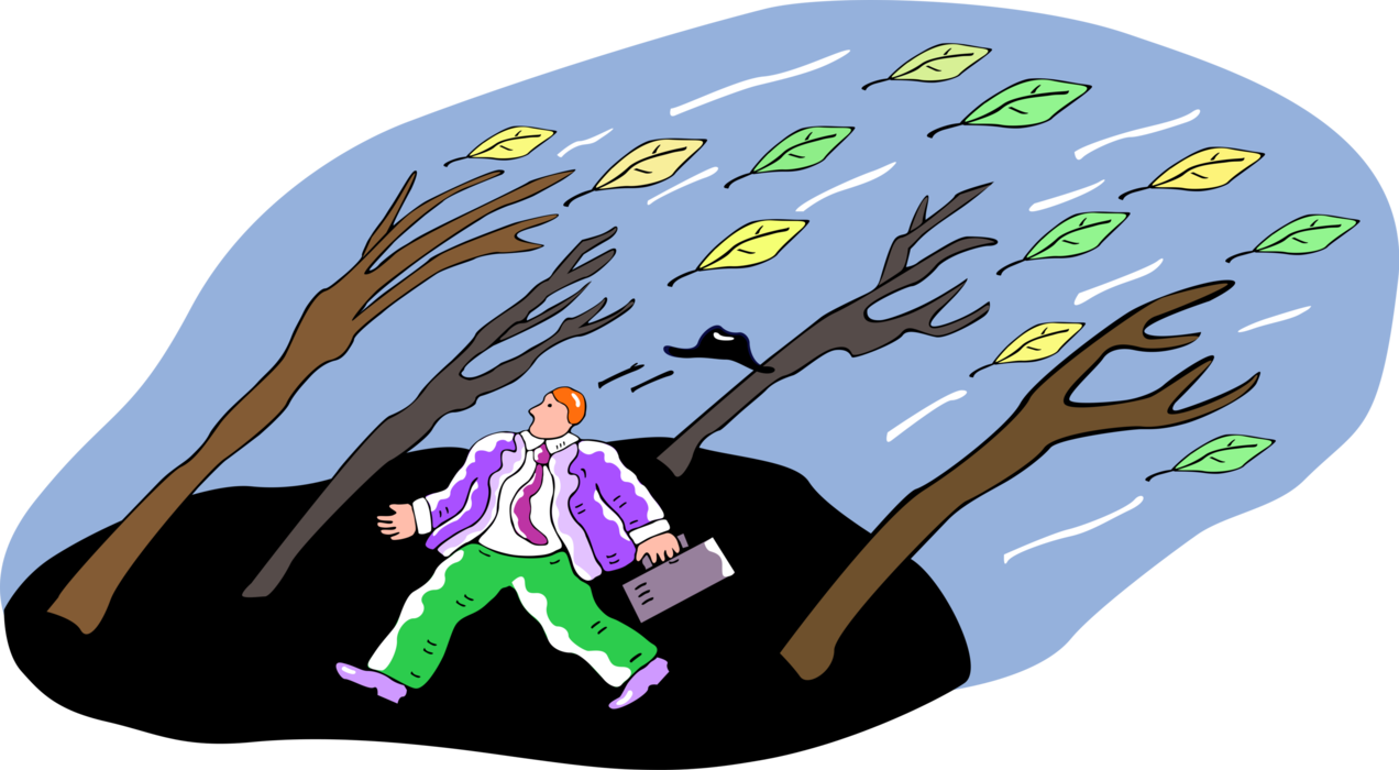 Vector Illustration of Businessman Walking in Hurricane Force Wind