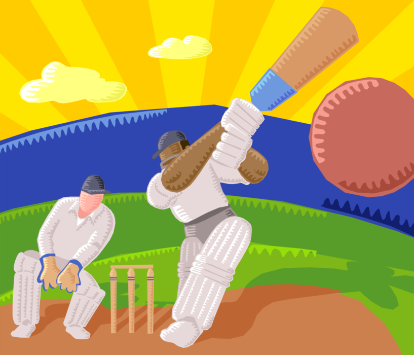Vector Illustration of Sport of Cricket Players with Wicket, Bat and Ball