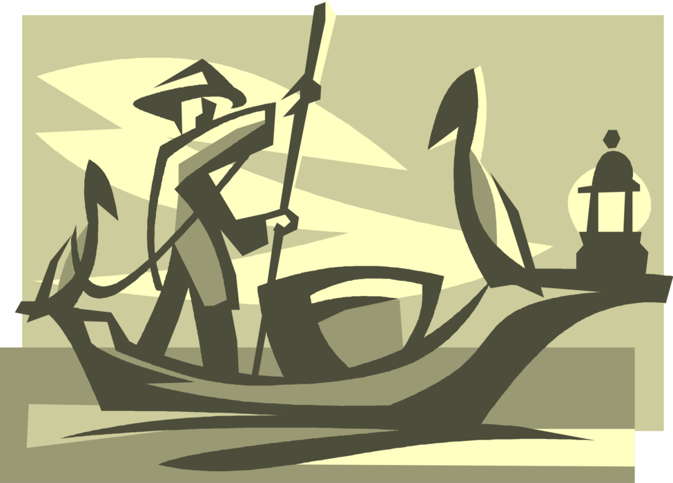 Vector Illustration of Traditional Chinese Fisherman Angler with Cormorants Bird in Yangshuo, Guangxi, China