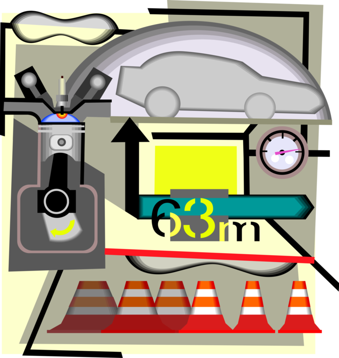 Vector Illustration of Automotive Motor Vehicle Test Track with Pylons, Combustion Engine and Stopwatch