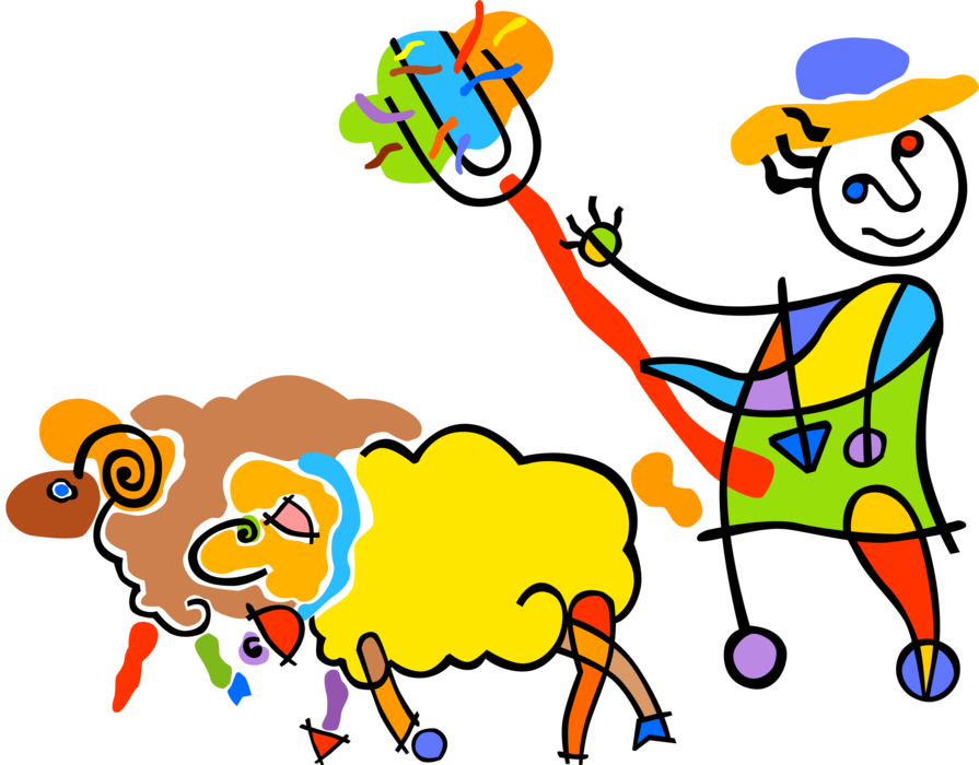 Vector Illustration of Shepherd or Sheepherder Tends, Herds, Feeds, or Guards Herd of Sheep