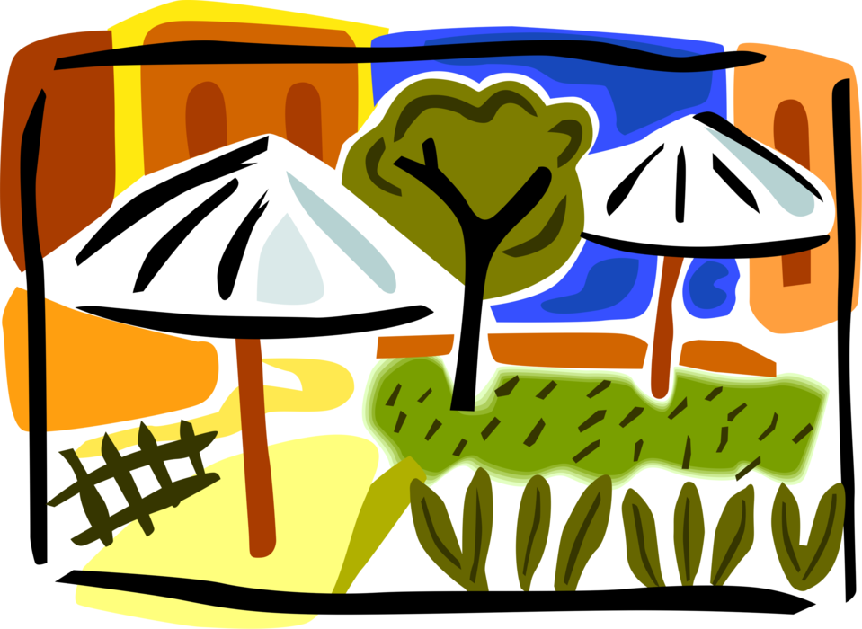 Vector Illustration of Park Scene with Shade Umbrellas and Tree