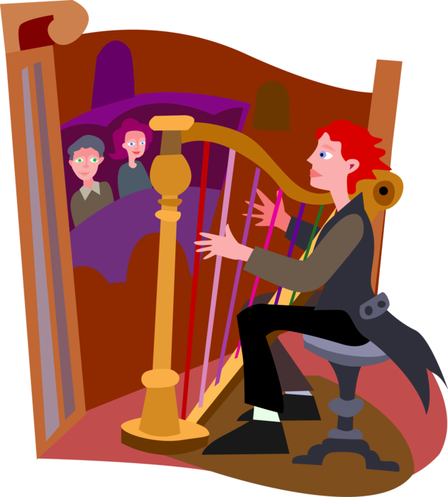 Vector Illustration of Harpist Musician Plays Harp Stringed Musical Instrument