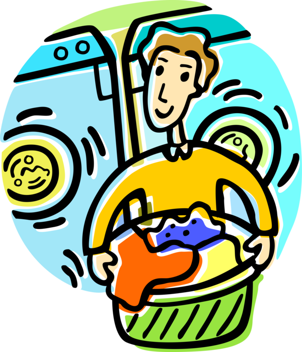 Vector Illustration of Laundry Day at Laundromat with Washing Machine and Clothes Garments