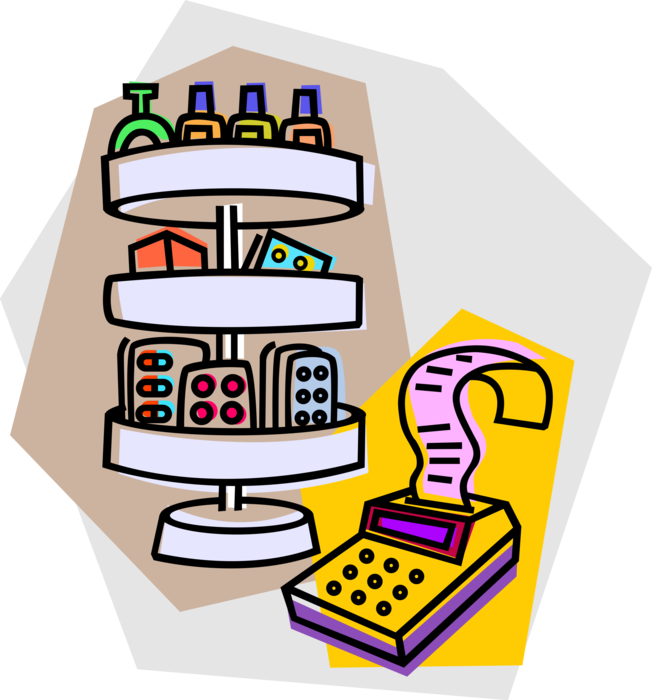 Vector Illustration of Prescription Medicine Drug Medication Displayed on Pharmacy Shelves with Cash Register